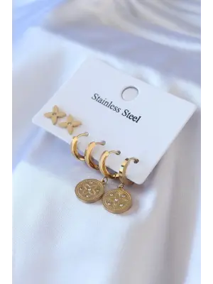   Altın Zirkon Taş Detay Çiçek İşleme Çelik Küpe Seti