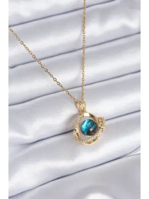 316L Çelik Gold Renk Zirkon Taş Detay Gezegen Model Kadın Kolye