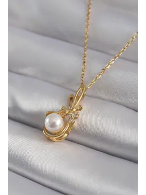  Altın  Zirkon Taş Detay İncili  Çelik Kolye