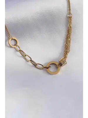 316L Çelik Gold Renk Zirkon Taş Detay Kadın Kolye