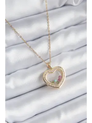  Altın  Zirkon Taş Detay Kalp Fanus Model  Çelik Kolye