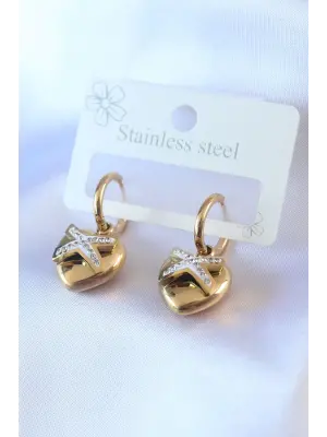   Altın Zirkon Taş Detay Kalp Model Çelik Küpe