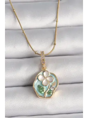  Altın  Zirkon Taş Detay Yonca İşleme Figür  Çelik Kolye