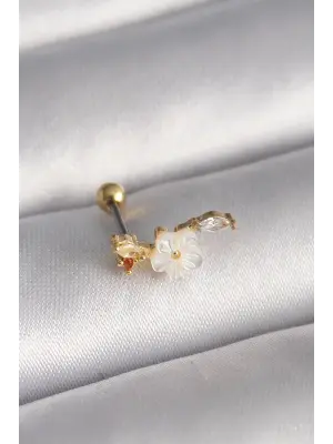 316L Çelik Gold Renk Zirkon Taş Detaylı Beyaz Çiçek Model Tragus Piercing