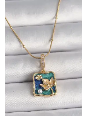  Altın  Zirkon Taş Detaylı Sarı Mineli Çiçek İşleme Figür  Çelik Kolye