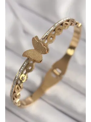 316L Çelik Gold Renk Zirkon Taş Detaylı Simli Kelebek Model Kadın Kelepçe