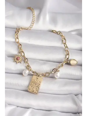 316L Çelik Gold Renk Zirkon Taş Detaylı Tarot Model İnci Detay Kadın Bileklik