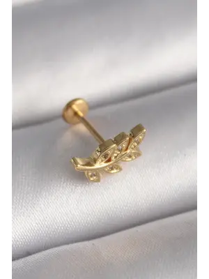 316L Çelik Gold Renk Zirkon Taş Detaylı Yaprak Model Tragus Piercing