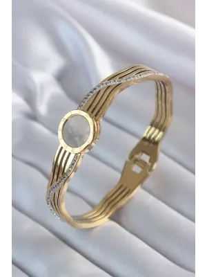 316L Çelik Gold Renk Zirkon Taş İşleme Detay Kadın Kelepçe