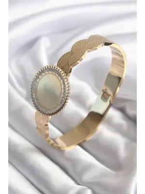 316L Çelik Gold Renk Zirkon Taş İşleme Detay Yazı Yazılabilir Model Kadın Kelepçe