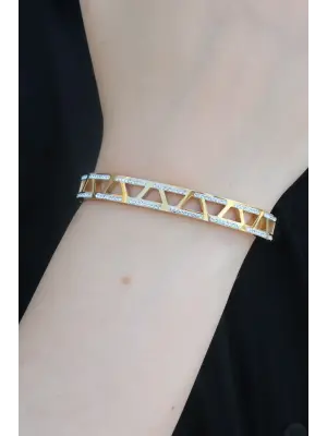 316L Çelik Gold Renk Zirkon Taş İşlemeli Kadın Kelepçe