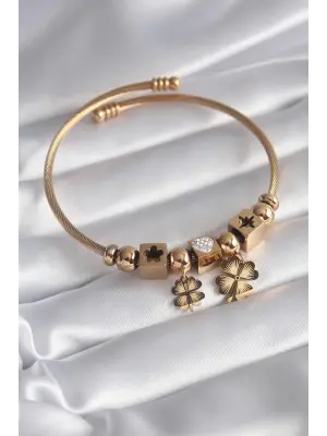 316L Çelik Gold Renk Zirkon Taş Kalp Detay Yonca Figür Charm Model Kadın Bileklik