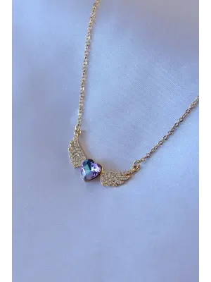 Altın  Zirkon Taş Kanatlı Kristal Kalpli Model  Çelik Kolye