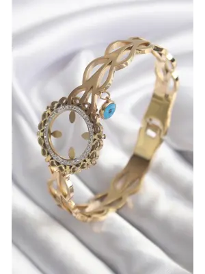 316L Çelik Gold Renk Zirkon Taş Sonsuzluk Detay Çeyrek Altın Takılabilir Kadın Kelepçe