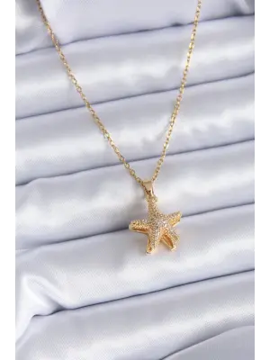  Altın  Zirkon Taşlı Açılır Deniz Yıldız Model İnci Detay  Çelik Kolye