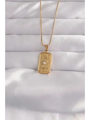  Altın  Zirkon Taşlı Aksesuarlı Vintage Çelik Kolye