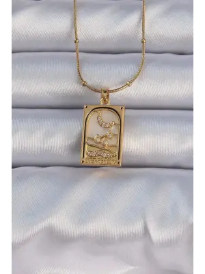  Altın  Zirkon Taşlı Ay Figürlü Tarot Çelik Kolye
