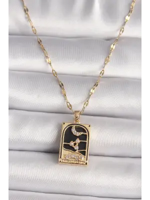  Altın  Zirkon Taşlı Ay Figürlü Tarot Model  Çelik Kolye