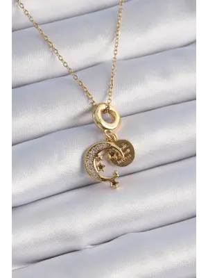  Altın  Zirkon Taşlı Ay Yıldız Model Charm Model  Çelik Kolye