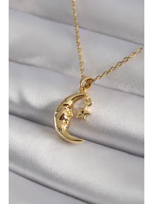  Altın  Zirkon Taşlı Ay Yıldız Model  Çelik Kolye