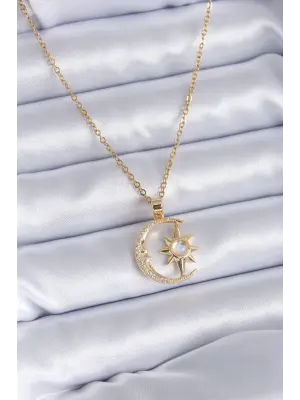  Altın  Zirkon Taşlı Ay Yıldız Model  Çelik Kolye