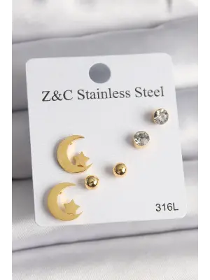   Altın Zirkon Taşlı Ay Yıldız Model Çelik Küpe Seti