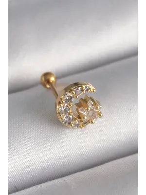 316L Çelik Gold Renk Zirkon Taşlı Ay Yıldız Tragus Piercing