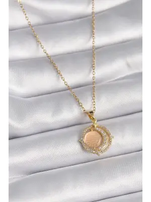  Altın  Zirkon Taşlı Bej Sedefli Hilal Model  Çelik Kolye
