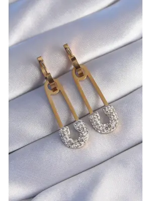   Altın Zirkon Taşlı Çengelli İğne Küpe
