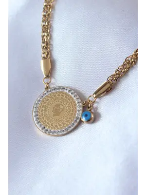  Altın  Zirkon Taşlı Çeyrek Altın  Çelik Kolye