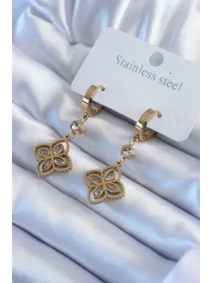   Altın Zirkon Taşlı Çiçek Model Çelik Küpe