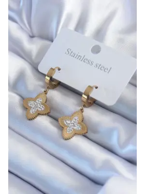   Altın Zirkon Taşlı Çiçek Model Çelik Küpe