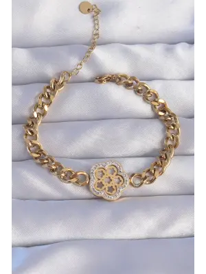 316L Çelik Gold Renk Zirkon Taşlı Çiçek Tasarımlı Zincir Bileklik
