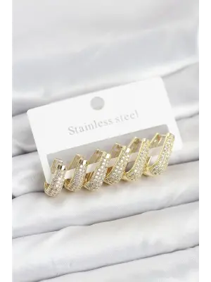 316L Çelik Gold Renk Zirkon Taşlı Damla Halka Küpe Seti