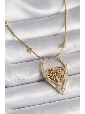  Altın  Zirkon Taşlı Detaylı Kalp Fidan Model  Çelik Kolye