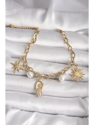 316L Çelik Gold Renk Zirkon Taşlı Fatma Ana El Figür Güneş Detay Kadın Bileklik