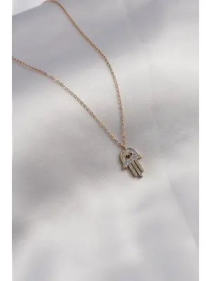 316L Çelik Gold Renk Zirkon Taşlı Fatma Ana El Model Kadın Kolye