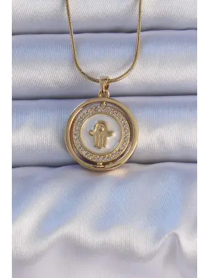  Altın  Zirkon Taşlı Fatma Ana Eli Figürlü Çelik Kolye