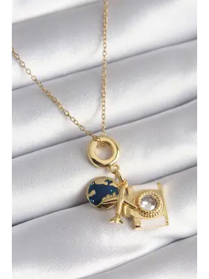  Altın  Zirkon Taşlı Fotoğraf Makinesi Uçak Dünya Figürlü  Çelik Kolye