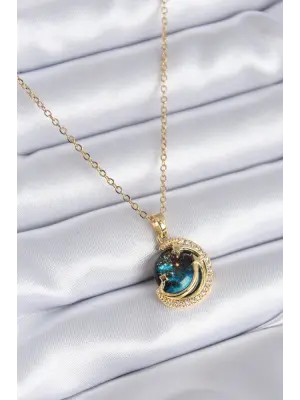 316L Çelik Gold Renk Zirkon Taşlı Gezegen Model Kadın Kolye