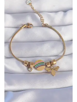 316L Çelik Gold Renk Zirkon Taşlı Gökkuşağı Tasarımlı Yusufçuk Bileklik