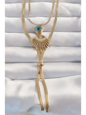  Altın  Zirkon Taşlı Göz Detay Nazarlı Uzun Asansör Model Çelik Kolye