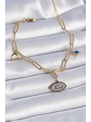 316L Çelik Gold Renk Zirkon Taşlı Göz Figür Kalp Detay Kadın Bileklik