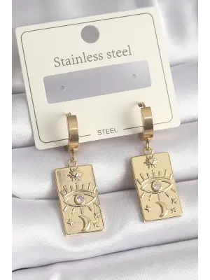   Altın Zirkon Taşlı Göz İşleme Detay Plaka Model Çelik Küpe