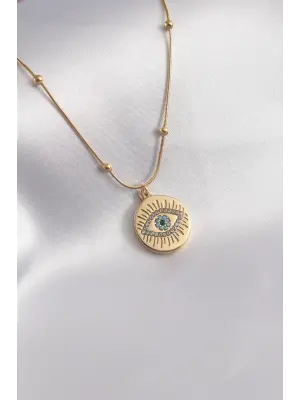 316L Çelik Gold Renk Zirkon Taşlı Göz İşleme Kadın Kolye