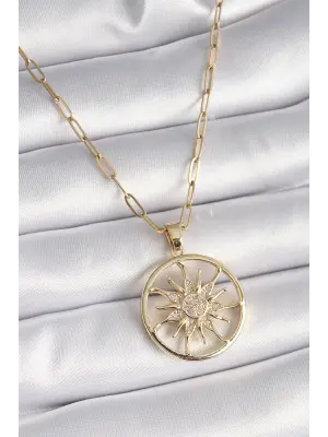  Altın  Zirkon Taşlı Güneş Madalyon Model  Çelik Kolye