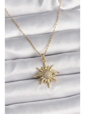  Altın  Zirkon Taşlı Güneş Model  Çelik Kolye