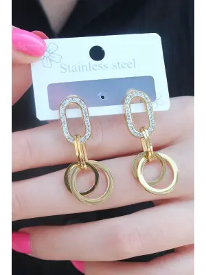 316L Çelik Gold Renk Zirkon Taşlı Halka Kadın Küpe