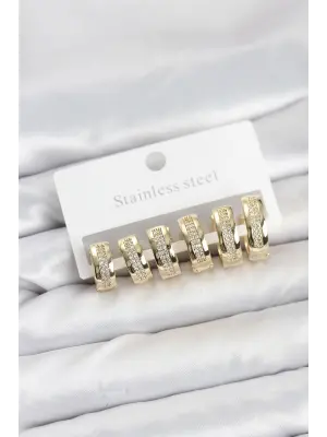 316L Çelik Gold Renk Zirkon Taşlı Halka Küpe Seti