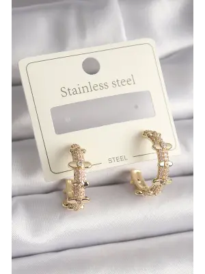   Altın Zirkon Taşlı Halka Model Çelik Küpe Seti